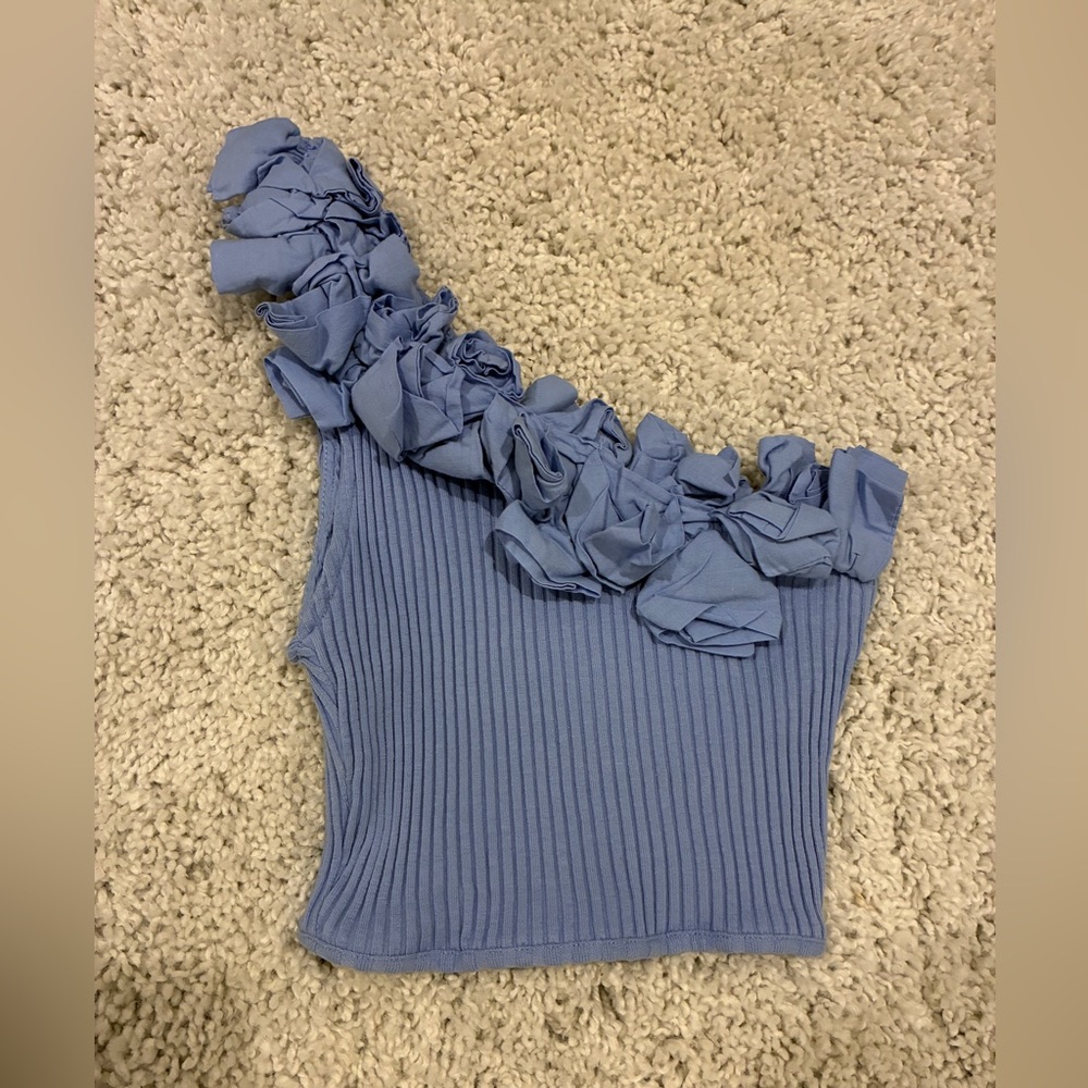 Zara One Shoulder Blue Crop Top Womens Size Medium